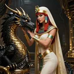 red - haired final fantasy white marble egyptian nun caressing her dragon, warframe armor, regal, attractive, ornate, sultry, sexy, beautiful, elize theron, pretty face, green eyes, scifi platform, 4 k, ultra realistic, epic lighting, illuminated, cinematic, black gold, art by alexandra petruk, voidstar