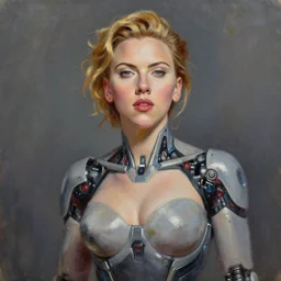 oil painting of scarlett johansson as a cyborg