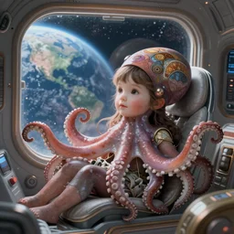 close portrait of a beautiful little octopus girl in her space ship quarters chilling, large window showing planet earth, diffuse lighting, fantasy, intricate, elegant, highly detailed, lifelike, digital painting, cinestill 8 0 0 t 2 0 0 mm, concept art, frank frazetta, marco bucci, loish, rossdraws, artgerm, alphonse mucha