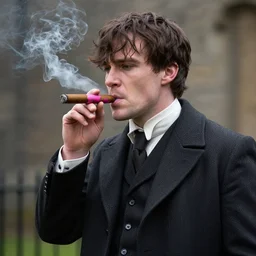 a realistic photograph of thomas shelby from the peaky blinders smoking a pink cigar
