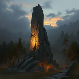 a tall rock structure in the shape of a warrior, background of trees, dramatic evening lighting, concept art by marc simonetti and ruan jia