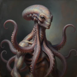 portrait of nonhuman extraterrestrial lifeform, three quarter view, friendly, tentacles, intelligent, dramatic lighting, painted by andreas rocha