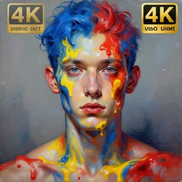 very detailed masterpiece androgynous man portrait painting of Stable Diffusion!!, 4k resolution,!! Valentina Remenar!! Digital art, paint tool sai!! Blue, red, yellow, melting colors!! Perfect face!! Correct body proportions!! Semi realism!! COHERENT HANDS!! COHERENCY!!