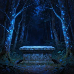 large stone altar surrounded by blue bioluminescent trees in dense forest forest, at night, very dark, bright contrast, Ruan Jian, Ismail Inceoglu, digital 4K painting