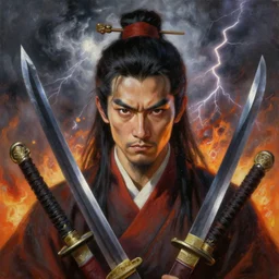 raijin with traditional chinese swords. strong storm with fire lightnings in the background. realistic, highly detailed, oil painting in a modern style, very detailed and symmetrical face, painted by greg rutkowski, sachin teng, thomas kindkade, tony sandoval, norman rockwelll