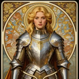 head-on symmetrical centered painted portrait, Elisha Cuthbert as a paladin, blonde hair, ornate heavy plate armour, art nouveau, tarot card style, medieval robes, fantasy, intricate, elegant, highly detailed, smooth, sharp focus, illustration, artstation, in the style of Ross Tran and by Jesper Ejsing and by Artgerm and by Anna Podedworna and by Mikalojus Konstantinas Ciurlionis and by Mucha