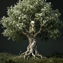 Tree skeleton, floral, overgrown, mysterious, 4K