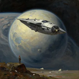 first view of an alien planet with landed spaceship martin johnson heade. oil on canvas.