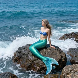 a mermaid sitting on rocks surrounded by vast ocean, waves hitting rocks, high detail, complex, hype realistic