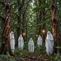 ghost's of the forest with wood spirits in the trees with will o the wisp, photorealistic, by greg rutkowski, wlop, 4 k resolution h 7 6 8