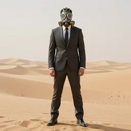 man in a suit and wearing a gas mask standing in a desert wasteland background, dreary, smooth, beautifully detailed, digital art, concept art, by alena aenami