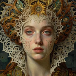 detailed realistic beautiful young medieval queen face portrait by jean delville, gustave dore, iris van herpen and marco mazzoni, art forms of nature by ernst haeckel, art nouveau, symbolist, visionary, gothic, pre - raphaelite, fractal lace, surreality, horizontal symmetry, intricate details