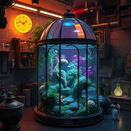 victorian style terrarium in a scifi lab with neon lighting, hyperreal, octane render