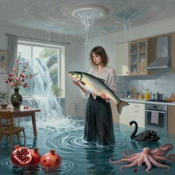 tall emo female artist holding a large fish in her flooded kitchen, pomegranates, octopus, water gushing from ceiling, painting of flood waters inside an artist's apartment, a river flooding indoors, ikebana, zen, rapids, waterfall, black swans, canoe, berries, digital painting, surrealist, by simon stalenhag