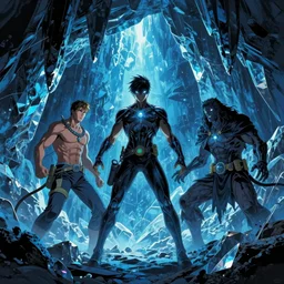 cinematic scene crystal cave, blue, in the style of artgerm and charlie bowater and atey ghailan and mike mignola, epic lighting, vibrant colors and hard shadows and strong rim light, very coherent, comic cover art, plain background, trending on artstation