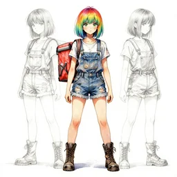 a grungy pizza delivery woman with rainbow hair, soft , torn overalls, short shorts, combat boots, basic white background, symmetrical, watercolor, pen and ink, intricate line drawings, by Yoshitaka Amano, Ruan Jia, Kentaro Miura, Artgerm, detailed, trending on artstation, hd, masterpiece,
