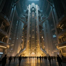 huge towering transportation spacecraft in a massive modern hangar with masses of people getting in, cyberpunk, moody, luminescent, rule of thirds, golden ratio, ambient lighting, syd mead, greg rutkowski, wlop, artgerm, artstation, highly detailed masterpiece