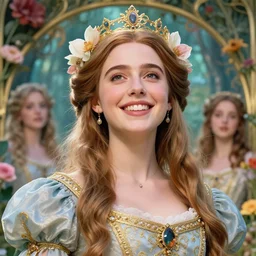 new art nouveau low angle closeup portrait of fantasy flower vargas princess happy smiling emilia clarke wearing a royal dress in an magic forest, anna dittmann, golden hour, pale skin, patrick nagle!!!, glamorous action pose, charlie bowater and loish. long windblown white hair, ultrasharp focus, fritz willis, watercolor, dramatic lighting, rose arches, octane, matte painting, intricate, d & d, poster
