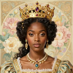 highly detailed venetian rococo portrait of a black princess wearing a crown, golden jewels, pastel flowery background, volumetric lighting, flowers, realistic, symmetrical face, digital illustration, art by krenz cushart, alphonse mucha, kehinde wiley, artem demura