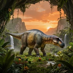 a humongous brachiosaurus in a prehistoric jungle cave, lush flora, waterfall, mountains, flowers, vines, orange sky, dark, sunset, hazy, volumetric lighting, rtx on, photorealistic render, beautiful, stunning, ultra - detailed