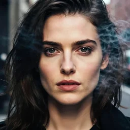 closeup portrait Eva Green in a smoky new york back street, by Steve McCurry and David Lazar, natural light, detailed face, CANON Eos C300, ƒ1.8, 35mm, 8K, medium-format print