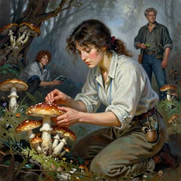 A mixed media portrait painting of a mycologist woman tending her mushrooms, by Frank Frazetta, Greg Rutkowski, Beeple, Boris Vallejo, Yoko Taro, Christian MacNevin, epic fantasy character art, high fantasy, CGsociety, full length, exquisite detail, post-processing, masterpiece, cinematic