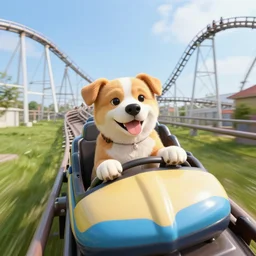 selfie of an anthropomorphic dog riding a roller - coaster, wide angle, highly - detailed realistic