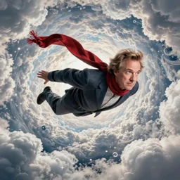tom baker using his scarf to fly, psychedelic, clouds, 4 k, intricate high details, sharp, photo realistic