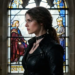 very beautiful side - view portrait of yennefer from the witcher 3, black choker necklace, black jacket, tenth century stained glass window, very masterful