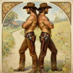 a homoerotic painting, greg rutkowski, alphonse mucha j. c. leyendecker of two attractive hairy cowboy gunslingers in love standing back to back | bandoliers, shirtless, leather clothing | natural lighting, path traced, highly detailed, high quality, digital painting | by tom of finland, bill ward | trending on artstation
