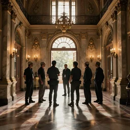 cinematography of detectives investigating a crime scene in an decadent palace foyer by Emmanuel Lubezki