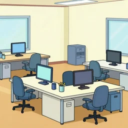 a cartoon drawing of an office with desks chairs computers and other office equipment, saturday morning cartoon