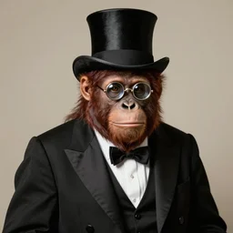 a orangutan wearing a top hat and monocle and a luxurious black tuxedo, leonardo da vinci style, 8 k, high quality,