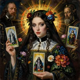 portrait of a medieval priestess chelsea wolfe, goth, floral flowers, radiant colors, tarot, surreal, a flemish baroque by alexander mcqueen, art by john collier by greg rutkowski and craig mullins, oil on canvas