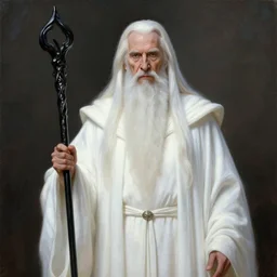 evil morgan freeman as evil wizard saurman the white, long white hair and white beard, beautiful pure white warlock flowing robes, long black wizard staff by alan lee, lord of the rings, smooth, oil painting, matte painting, concept art, trending on artstation, promotional artwork, film still, elegant, photorealistic facial features, intricate, detailed face, cinematic lighting