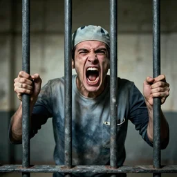 a screaming prisoner holding prison bars, expressionism