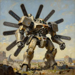 a beautiful painting of a large battle mech equipped with many chainsaws by moebius