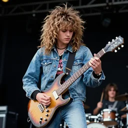 1 9 - year - old girl or boy with shaggy permed hair, double denim, headbanging, playing electric guitar, heavy rock concert, grunge rock, 1 9 9 2 live at lollapalooza, vhs quality