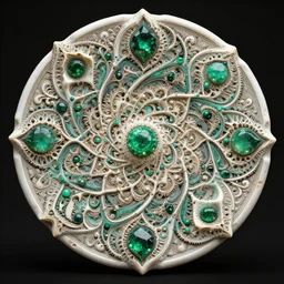 fractal mandala nebula ceramic digital color stylized an ancient white bone and emerald gemstone relic, intricate engraving concept 3 d point lighting natural color scheme