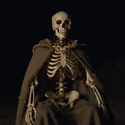 a film still of a skeleton wearing golden jewelry on its skull and around its arms. it has a dark cloak made of linen and burlap. low key, light from above. nighttime. wide shot.