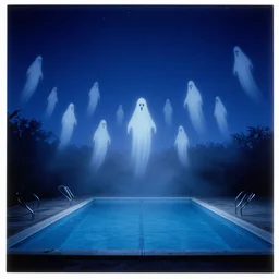 swarm of ghosts, night sky with stars, vintage swimming pools, lush fog, deep blue mood, contemporary archival color photograph print from the original negative, by stanley kubrick