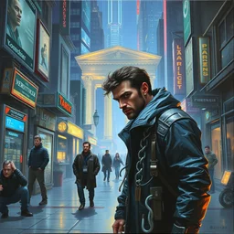 1 9 9 5 box art. netrunner cyberdeck. neuromancer. sly expression. on the streets of future parthenon. character class. keith parkinson. oil on canvas. and you ask, what are we doing?