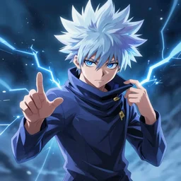 killua zoldyck made by zdzisław beksinski, thunderstorm, lighting, blue, pose, 8 k, detailed, high quality, detailed face, 8 k, beautifl scene