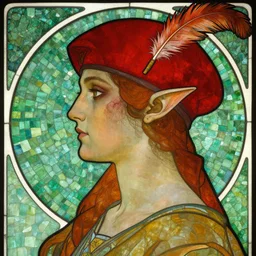 beautiful and detailed portrait of a iorveth, profile view, side view, scoia'tael leader, red cap with a feather, scarred eye and cheek, pointy elf ear, shaven, stained glass art, by alphonse mucha, green mosaic background, very masterful