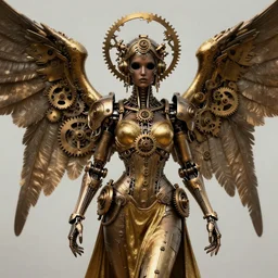 Steampunk Angel, mechanical wings, gear halo, empty eyes, metallic bronze skin, golden tech robes, female looking, cranks and gears, steampunk fantasy, artstation