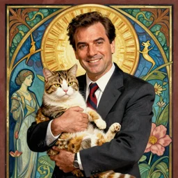“ george costanza!!!!!!!!!!!!! from seinfeld holding grumpy cat, halo, art nouveau, extremely detailed, by alphonse mucha ”