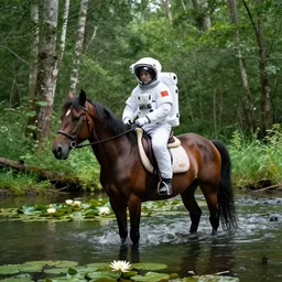 a photo of an astronaut riding a horse in the forest. there is a river in front of them with water lilies.