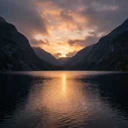landscape photography, lake between two mountains, sunset, dramatic lighting, reflections, beautiful, michal karcz