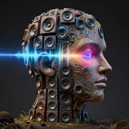 highly detailed surreal surreal vfx portrait of a landscape of recursive speakers forming a 3 d head. a head made of speakers. polyphonic ecstacy, frequency, cymatics, oscilloscope, vibrations, pulse projections, sonic love power. ornate, hyperrealistic, octane render, chiaroscuro, inspired by greg rutkowski, android jones, beeple, rhads, shaun tan, frostbite 3 rendered