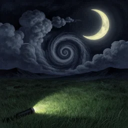 dark, nightly, spiral, naive nerikomi, weird perspective, extra narrow, detailed illustration, lit by flashlight, grass field, mountainous terrain, chubby curled clouds, volumetric lighting, concave crescent moon